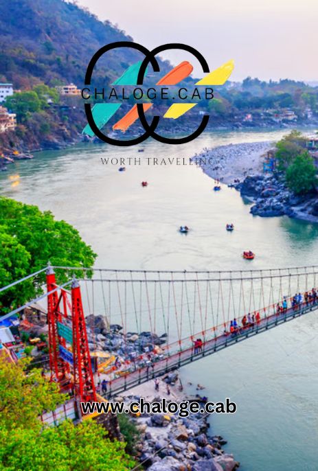 rishikesh taxi service - with chaloge cab - in the image is show a Bridge and ganag river with some raft in the rishikesh lakshman jhula Bridge